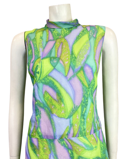 VINTAGE 60s 70s GREEN PURPLE BLUE PSYCHEDELIC SWIRL MOD SLEEVELESS DRESS 12 14