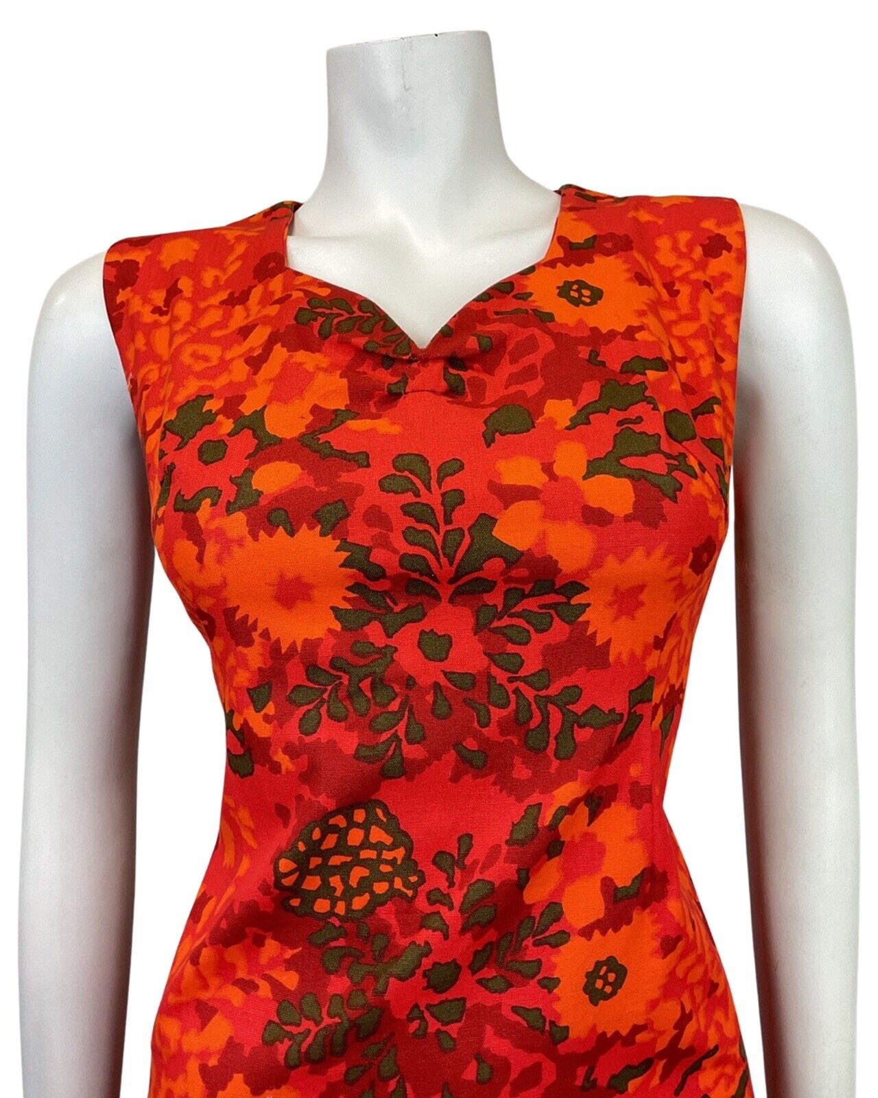 VINTAGE 60s 70s RED ORANGE GREEN PSYCHEDELIC FLORAL MOD SLEEVELESS DRESS 10