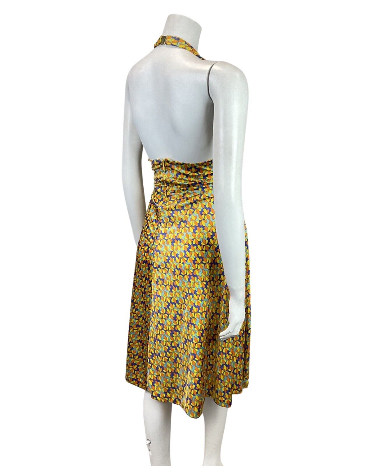 VINTAGE 60s YELLOW BLUE FLORAL DOTTY PSYCHEDELIC MOD HALTER SWING DRESS 10