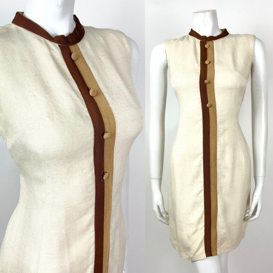 VINTAGE 60s 70s CREAM BROWN STRIPED MOD SLEEVELESS SHIFT DRESS 10