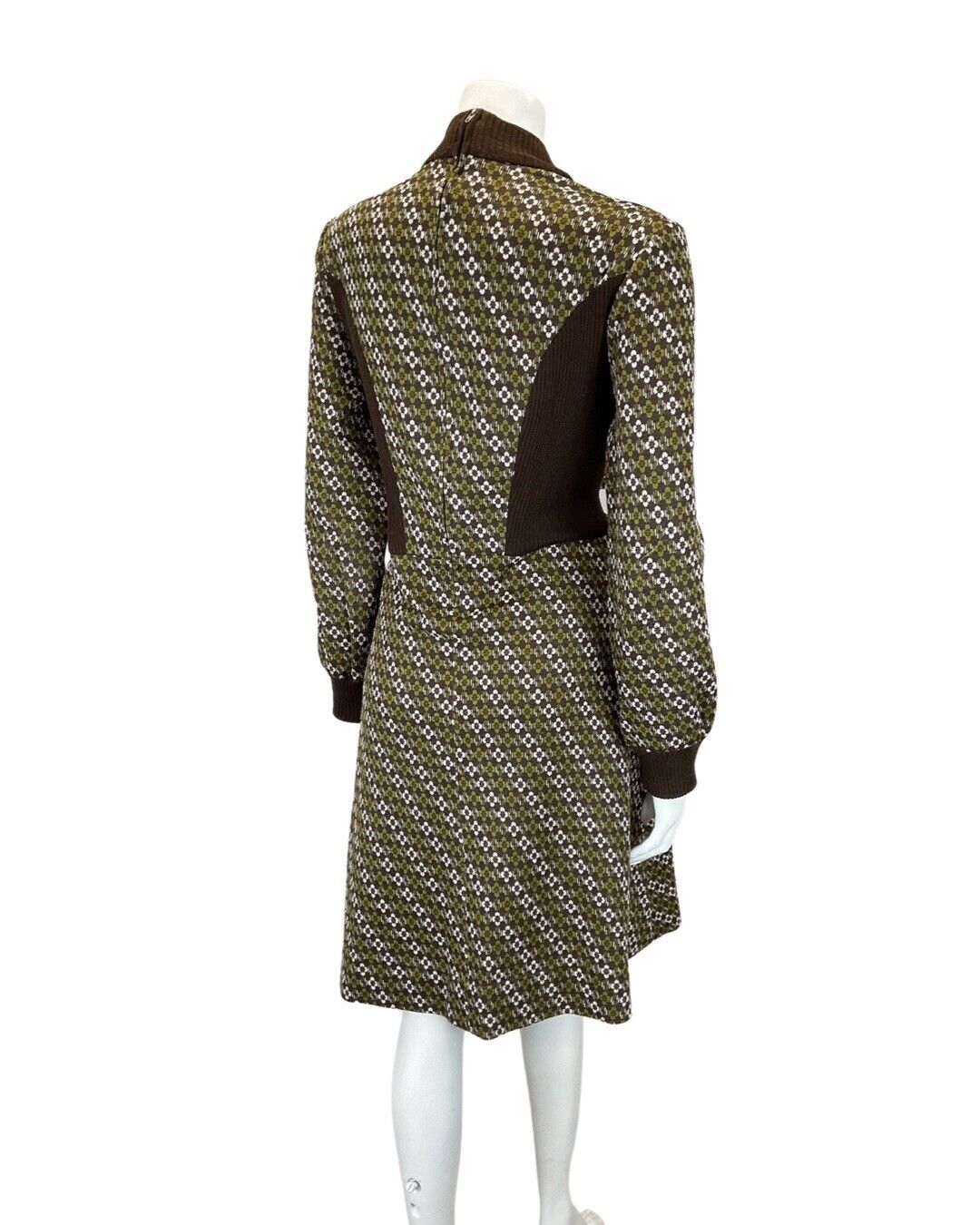 VINTAGE 60s 70s BROWN GREEN DAISY FLOWER STRIPED KNITTED LONGSLEEVE DRESS 14 16