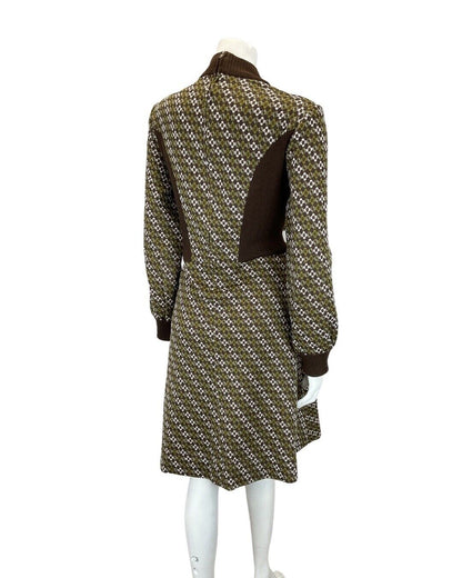 VINTAGE 60s 70s BROWN GREEN DAISY FLOWER STRIPED KNITTED LONGSLEEVE DRESS 14 16