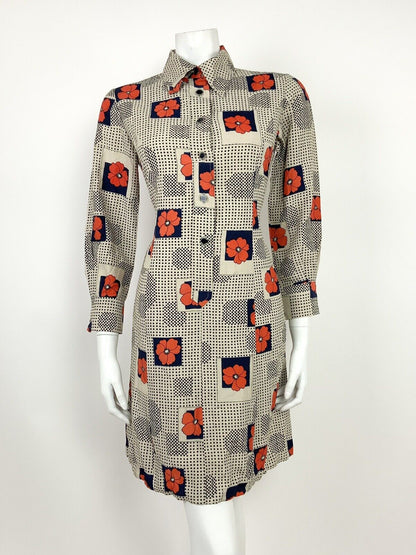 VINTAGE 60s 70s BEIGE BLACK BLUE RED FLORAL POPPY POLKA DOT SHIRT DRESS 10 12