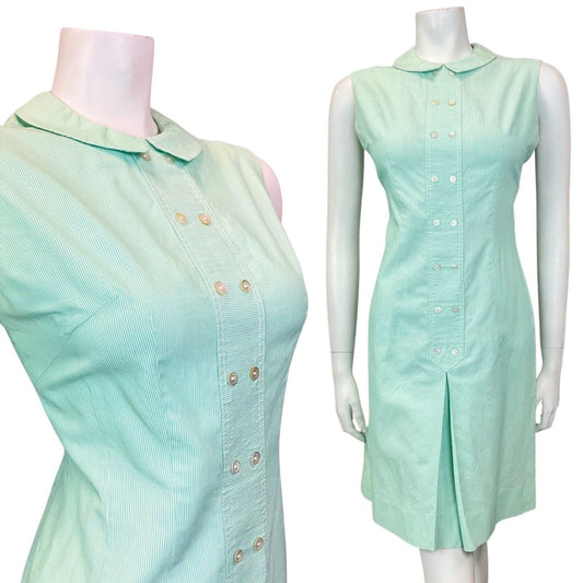 VINTAGE 60s 70s MINT GREEN WHITE PIN-STRIPE PETER PAN SLEEVELESS DRESS 12
