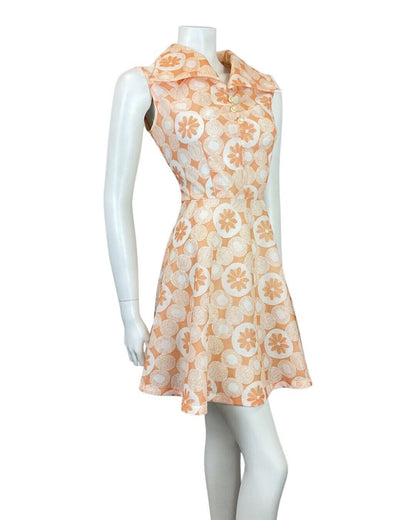 VINTAGE 60s 70s ORANGE PEACH WHITE DAISY DOTTY MOD SHIURT SWING DRESS 10 12