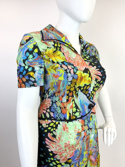VINTAGE 60s 70s BLACK MULTICOLOURED PSYCHEDELIC ACID FLORAL LEAFY SHIRT DRESS 18