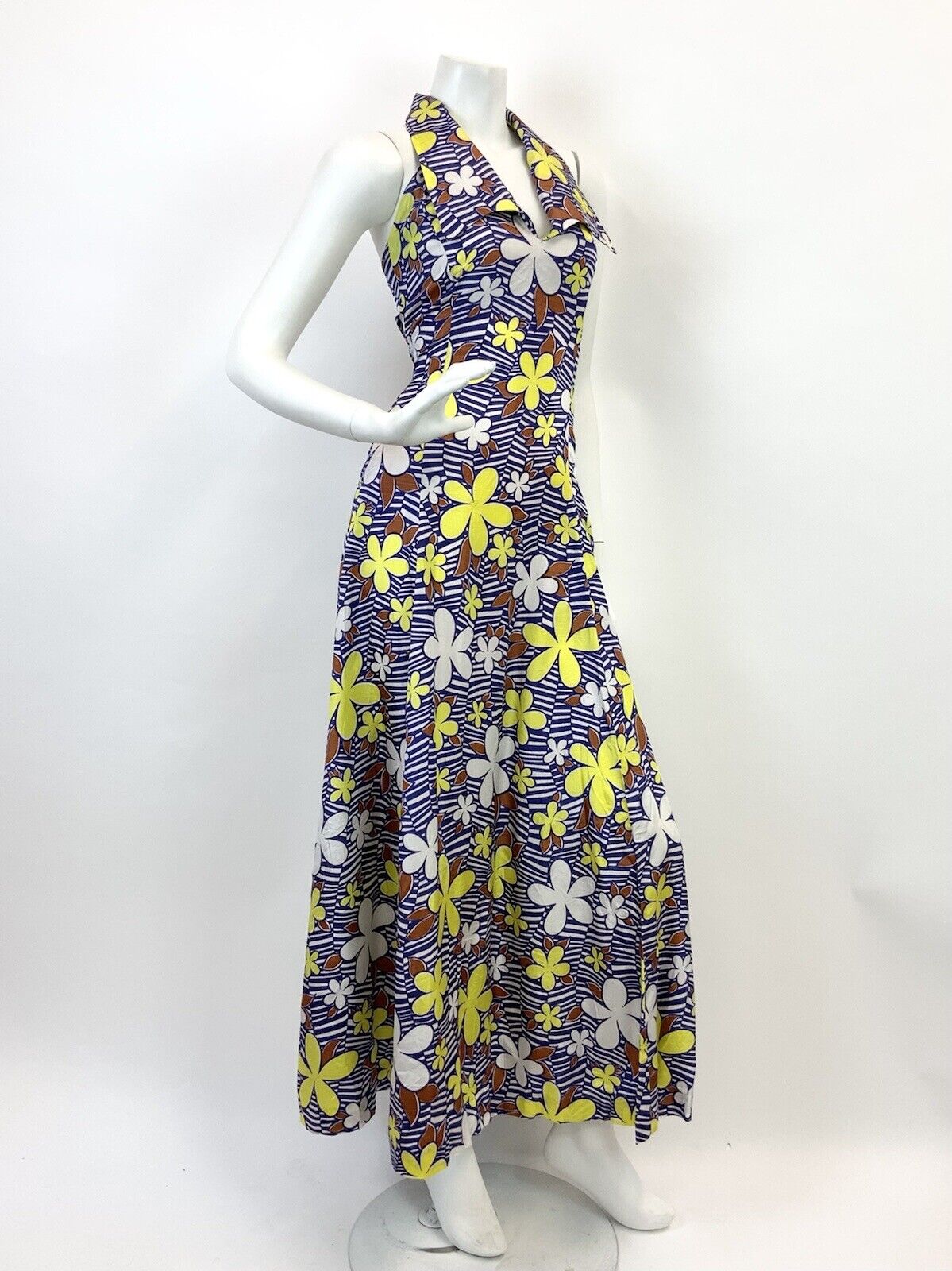 VTG 60s 70s BLUE WHITE YELLOW CHEVRON STRIPED FLORAL MOD HALTER MAXI DRESS 10