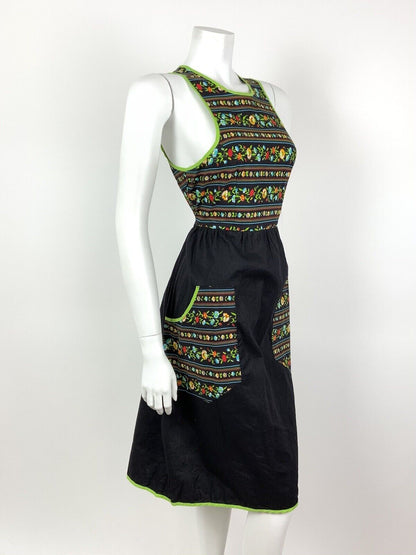 VINTAGE 60s 70s BLACK GREEN RED FLORAL GYPSY STRIPED SLEEVELESS DRESS 8