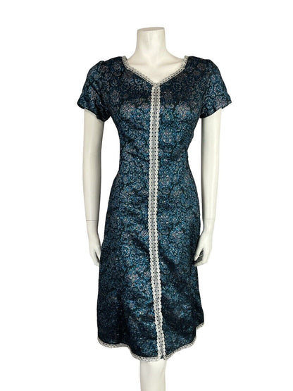 VTG 60S BLUE BLACK SILVER LUREX METALLIC BROCADE TRIM PARTY MIDI DRESS 10 12