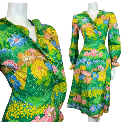 VINTAGE 60s 70s GREEN BLUE YELLOW PSYCHEDELIC FLORAL GARDEN RUFFLE WRAP DRESS 10