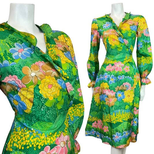 VINTAGE 60s 70s GREEN BLUE YELLOW PSYCHEDELIC FLORAL GARDEN RUFFLE WRAP DRESS 10