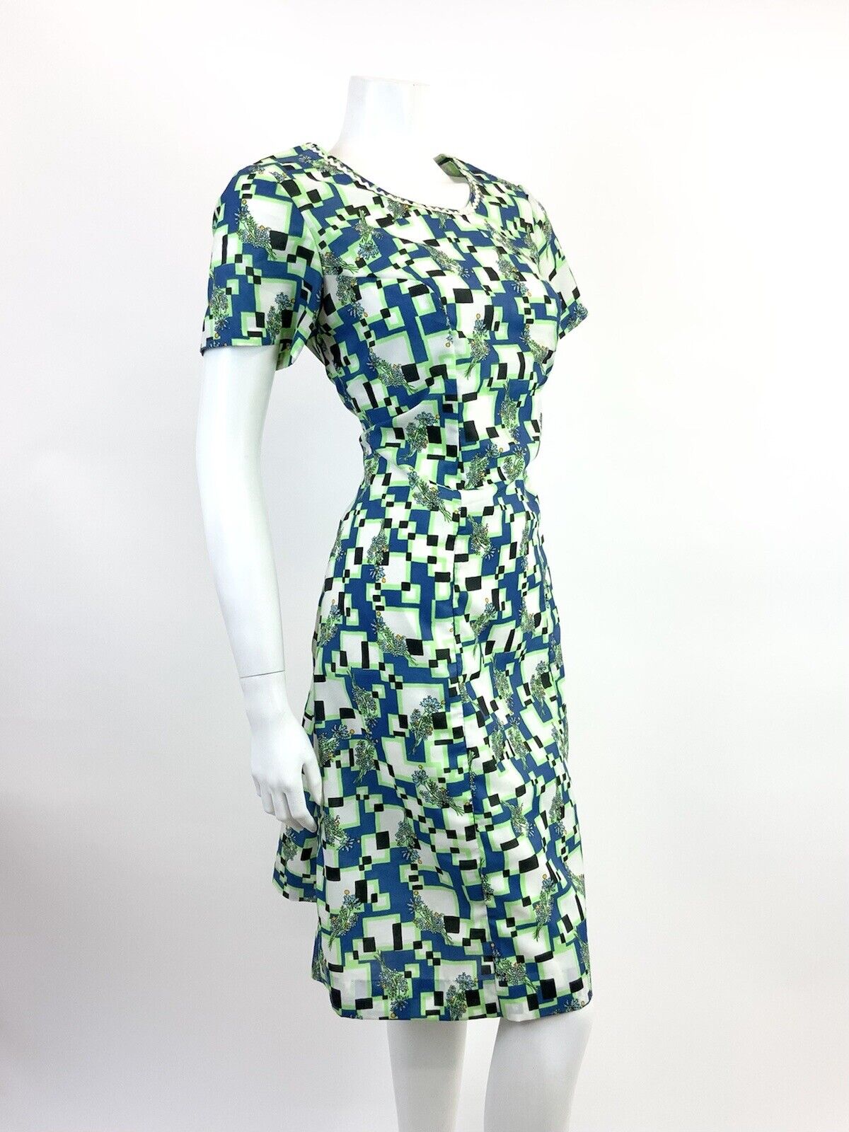 VINTAGE 60s 70s BLUE NEON GREEN WHITE GEOMETRIC FLORAL PIXEL MOD SHORT DRESS 14