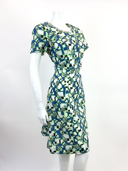 VINTAGE 60s 70s BLUE NEON GREEN WHITE GEOMETRIC FLORAL PIXEL MOD SHORT DRESS 14