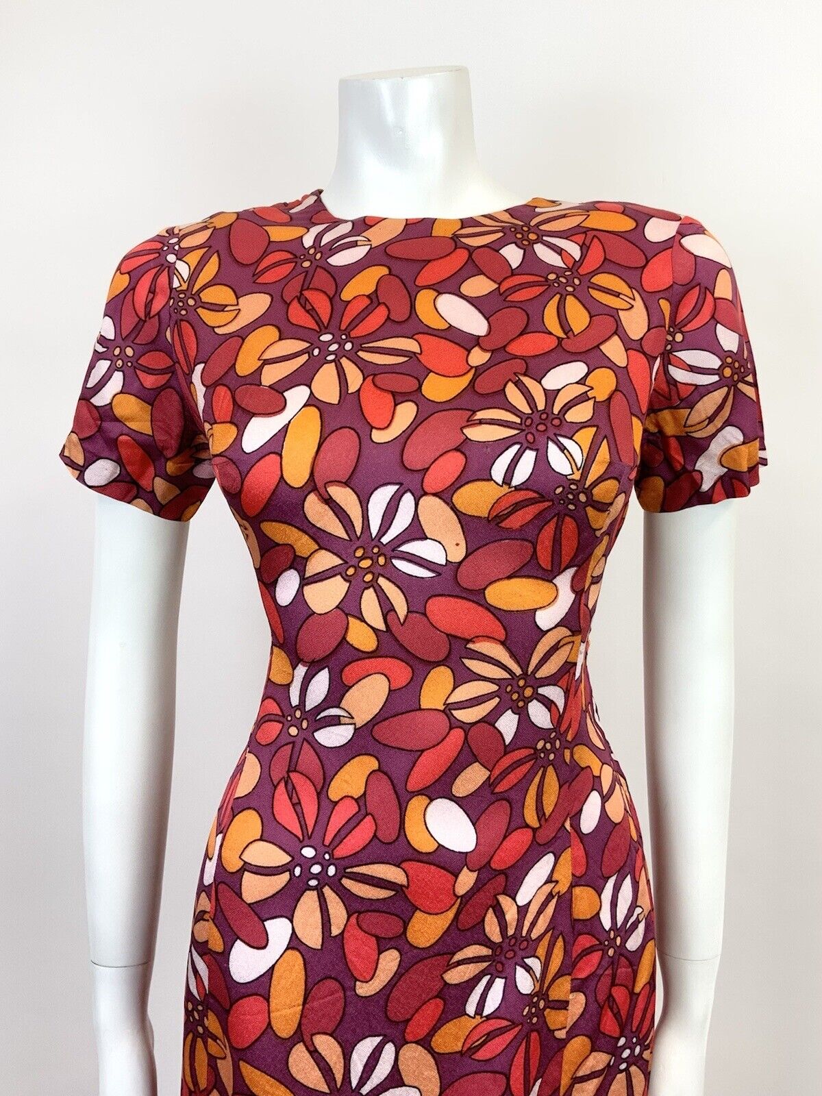 VTG 60s 70s PURPLE PEACH RED FLORAL PETAL PSYCHEDELIC MOD FITTED DRESS 10 12