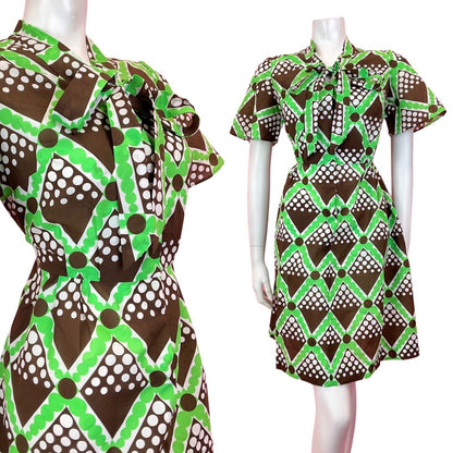 VINTAGE 60s 70s BROWN GREEN WHITE CHECKED GEOMETRIC PUSSYBOW MOD DRESS 10 12