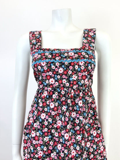 VTG 60s 70s BLACK PINK BLUE RED FLORAL DAISY RIC RAC MOD TENT EMPIRE DRESS 8 10