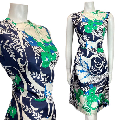 VINTAGE 60s 70s BLUE GREEN WHITE FLORAL VINE LEAFY SLEEVELESS DRESS 12