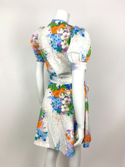 VINTAGE 60s 70s WHITE BLUE ORANGE PURPLE FLORAL WRAP SUMMER DRESS 10 12