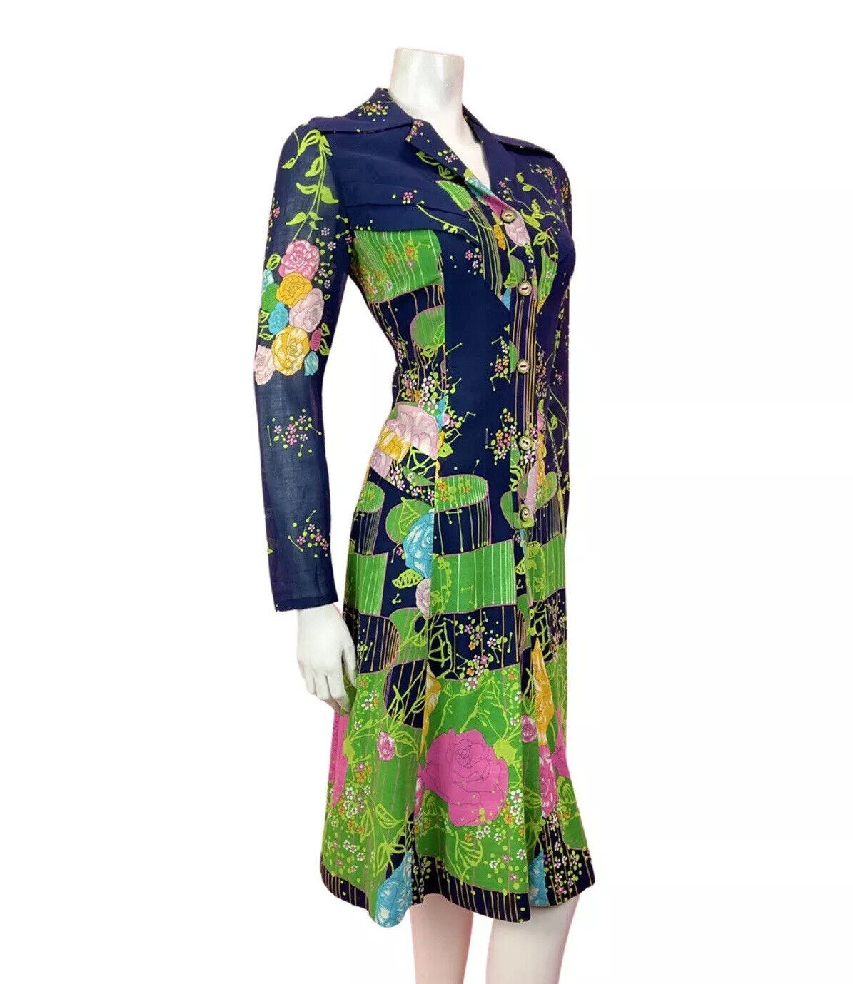 VTG 60s 70s BLUE PINK GREEN FLORAL GARDEN ROSE SHEER DAGGER SHIRT DRESS 10 12