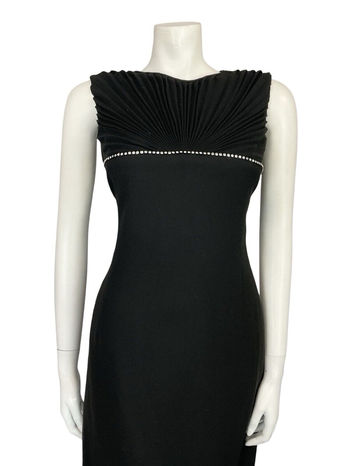 VTG 60S BLACK MOD WOOL DIAMANTE FAN PLEATED SLEEVELESS PARTY MINI DRESS 10