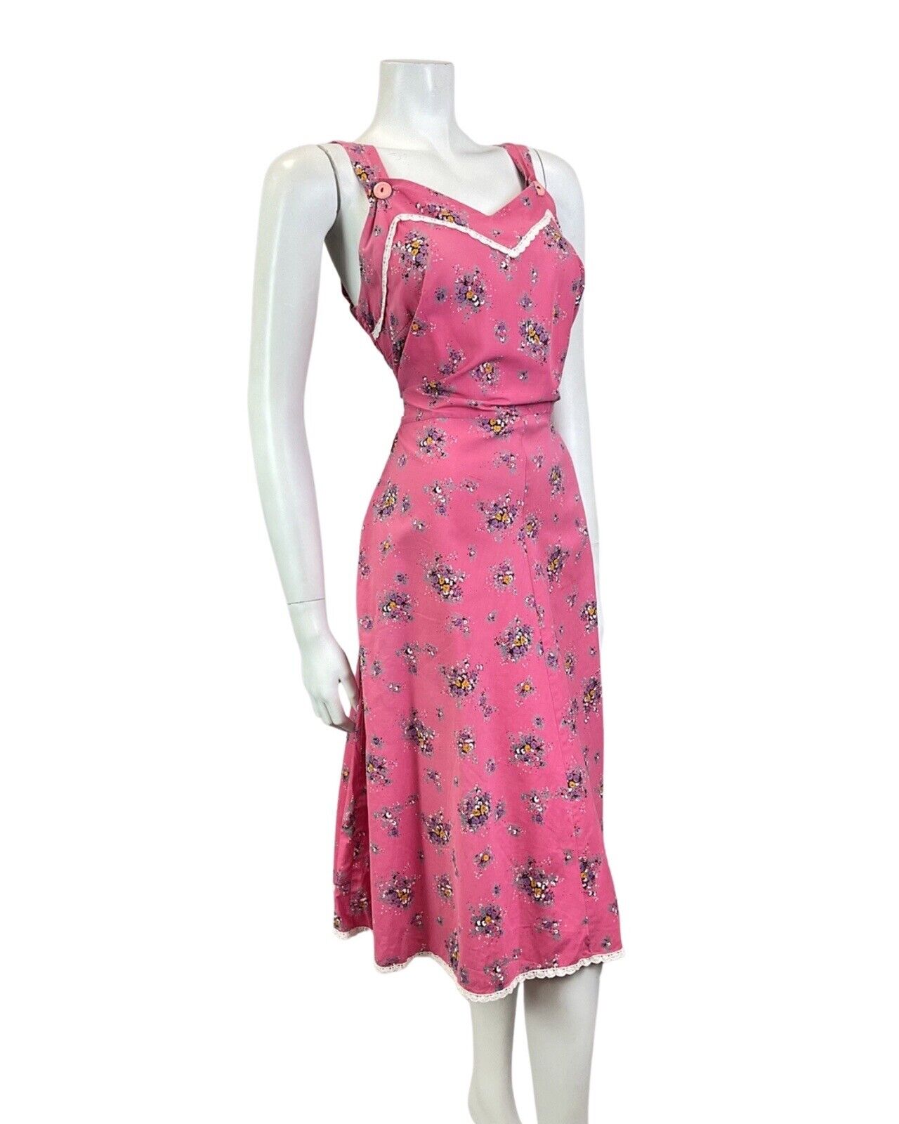 VINTAGE 70s PINK WHITE BLACK FLORAL BOUQUET LACE DITSY SUMMER SUN-DRESS 12 14
