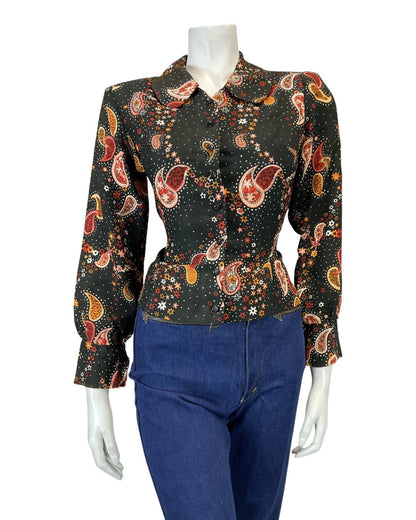VINTAGE 60s 70s BLACK ORANGE RED PAISLEY FLORAL MOD PETER PAN COLLAR BLOUSE 8