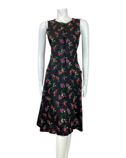 VINTAGE 60s 70s BLACK PINK GREEN DITSY FLORAL SLEEVELESS SUMMER DRESS 10