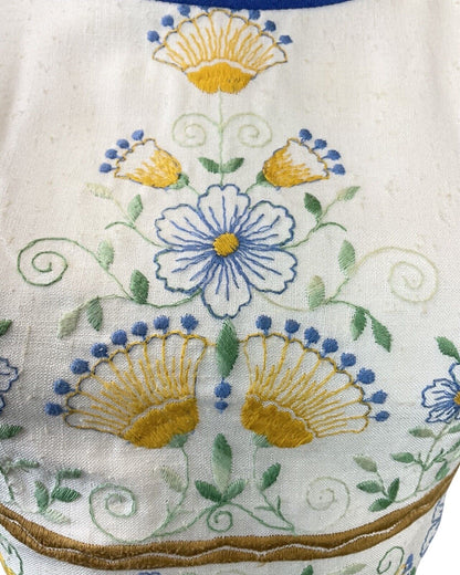 VINTAGE 60s 70s CREAM BLUE YELLOW FLORAL EMBROIDERED SLEEVELESS DRESS 10