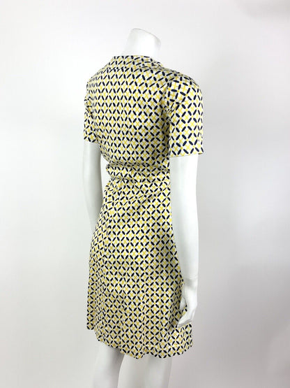 VINTAGE 60s 70s WHITE YELLOW NAVY BLUE CHECKED GEOMETRIC MOD DRESS 10