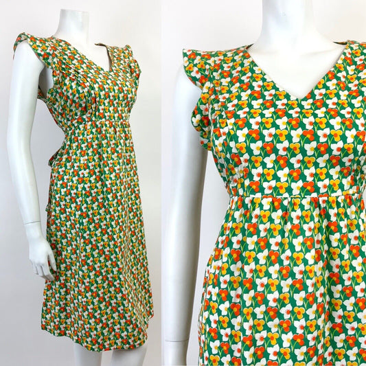 VTG 60s 70s GREEN WHITE ORANGE YELLOW FLORAL MOD SLEEVELESS SUMMER DRESS 12 14