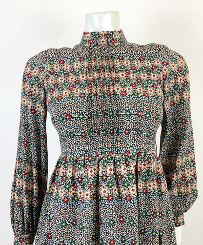 VINTAGE 60s 70s BLUE CREAM RED BLACK PSYCHEDELIC FLORAL DITSY SWING DRESS 8