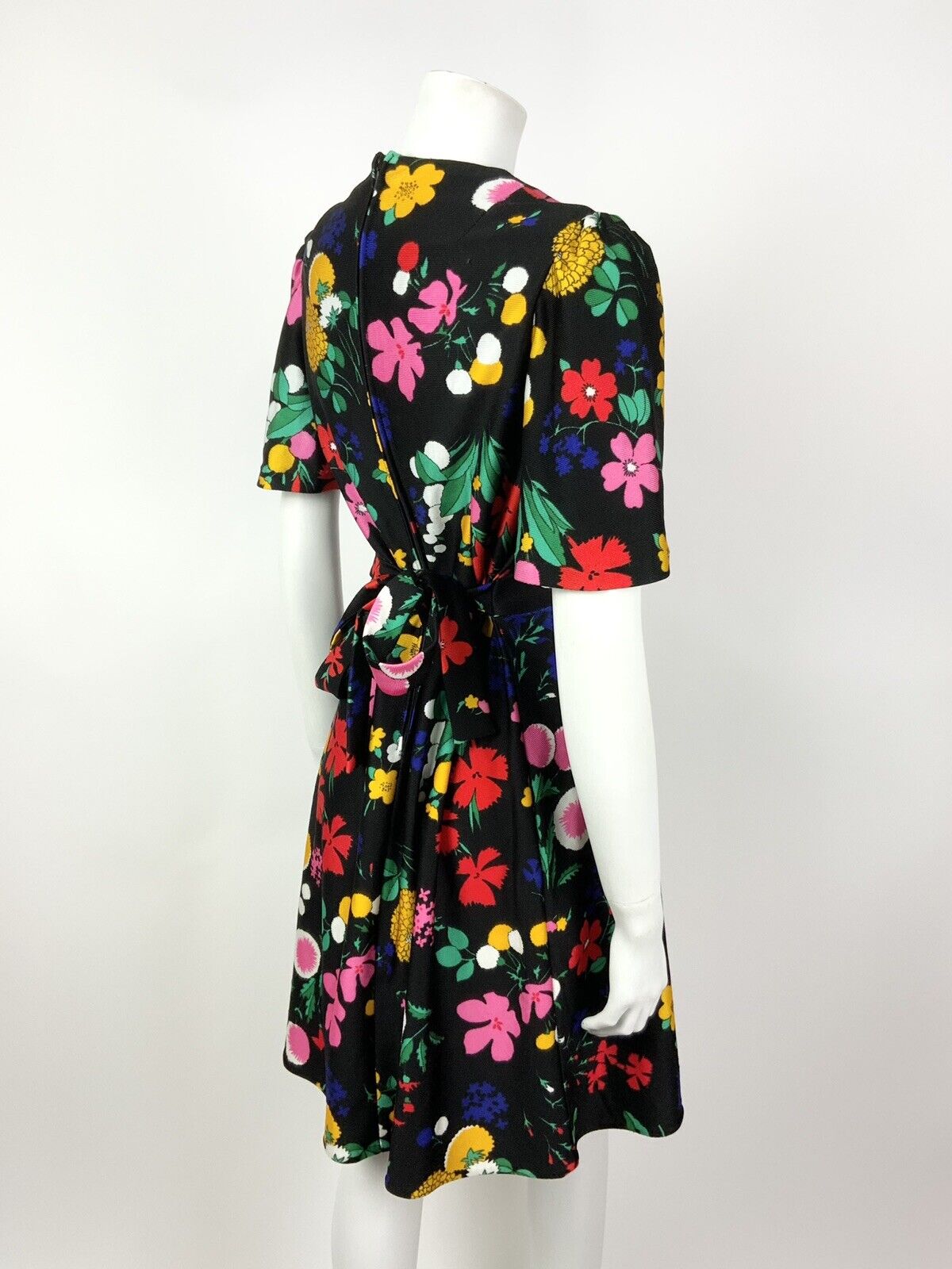 VTG 60s 70s BLACK YELLOW GREEN PINK FLORAL PSYCHEDELIC BELL SWING DRESS 12 14