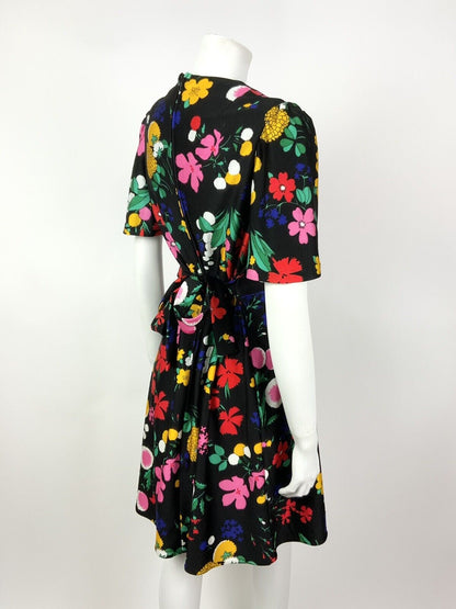 VTG 60s 70s BLACK YELLOW GREEN PINK FLORAL PSYCHEDELIC BELL SWING DRESS 12 14