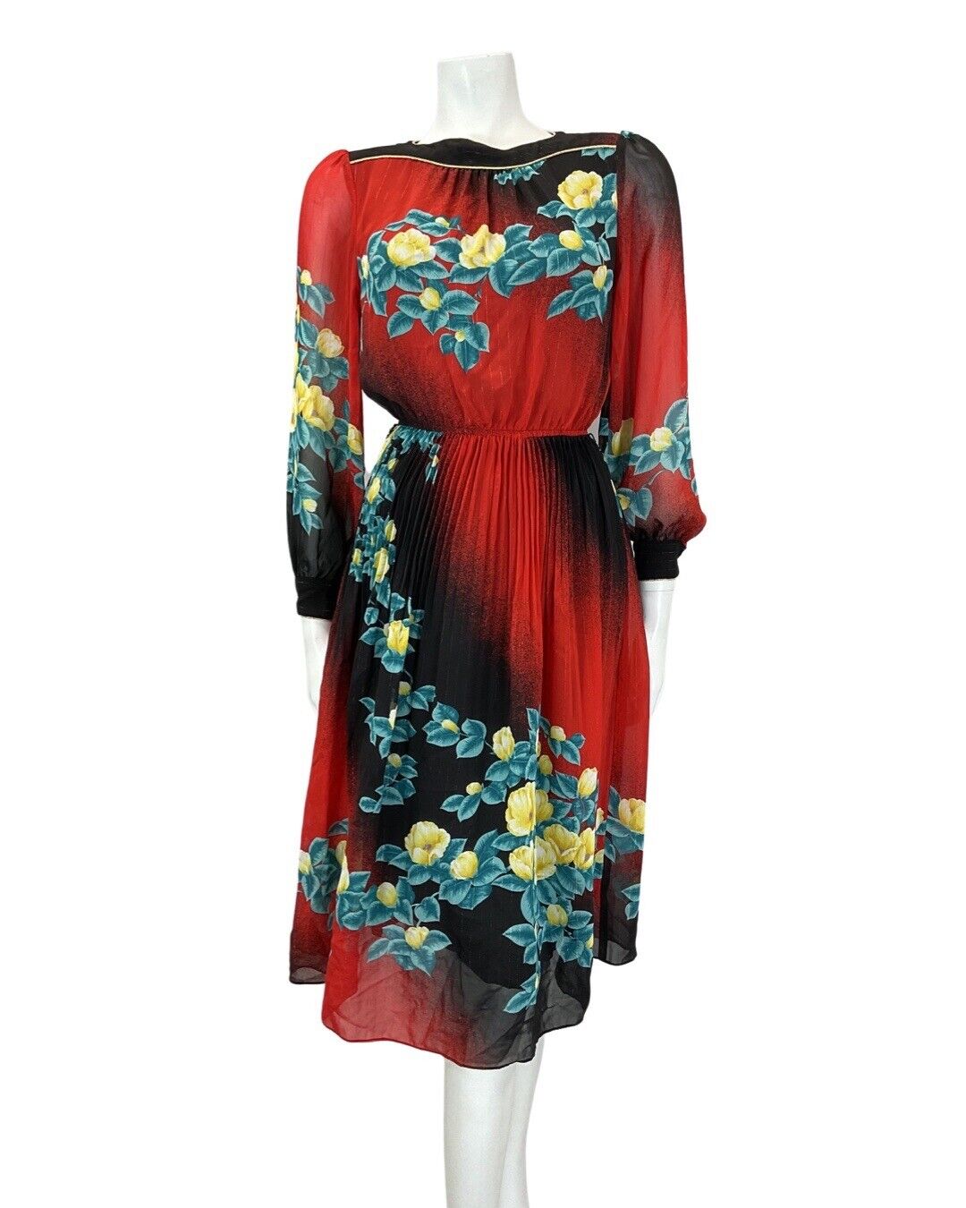 VINTAGE 60s 70s RED BLACK FLORAL SHEER BOHO BLOUSON SWING DRESS 8 10