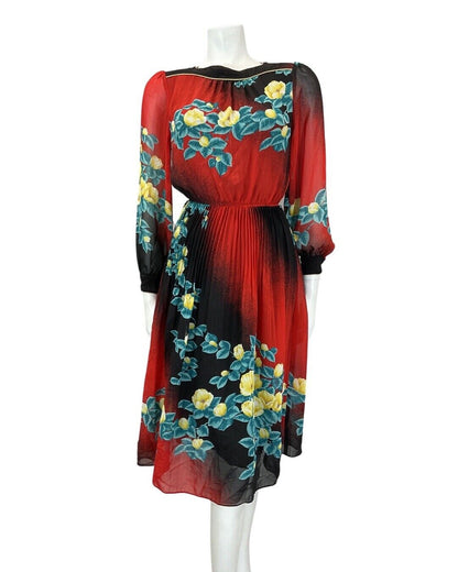 VINTAGE 60s 70s RED BLACK FLORAL SHEER BOHO BLOUSON SWING DRESS 8 10