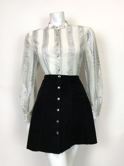 VTG 60s 70s WHITE METALLIC SILVER EMBROIDERED STRIPED MOD DISCO BLOUSE TOP 14