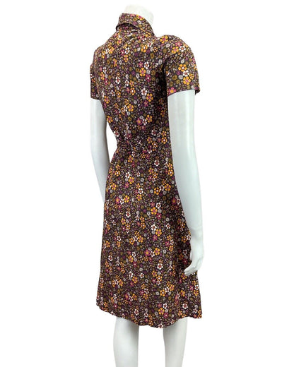 VINTAGE 60s 70s BLACK PINK PURPLE ORANGE FLORAL DITSY MOD DAGGER SHIRT DRESS 8