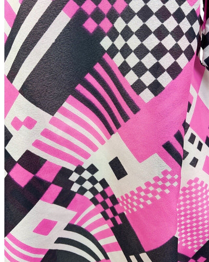 VINTAGE 60s 70s PINK BLACK WHITE GEOMETRIC CHECKERBOARD BELTED MOD DRESS 12 14