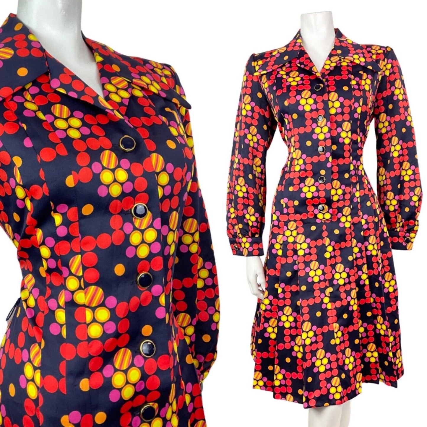 VINTAGE 60s 70s BLUE RED YELLOW PSYCHEDELIC DOTTY MOD DAGGER SHIRT DRESS 14 16