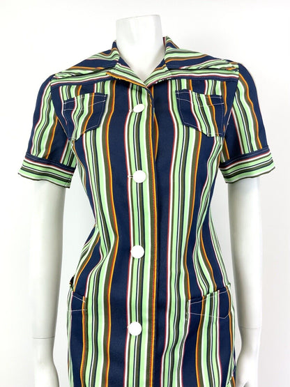 VINTAGE 60s 70s GREEN BLUE WHITE RED STRIPED MOD DAGGER COLLAR SHIRT DRESS 12