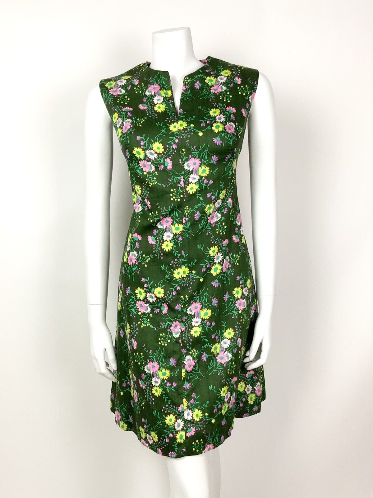 VINTAGE 60s 70s PINE GREEN PINK YELLOW PURPLE FLORAL DOTTY SLEEVELESS DRESS 12