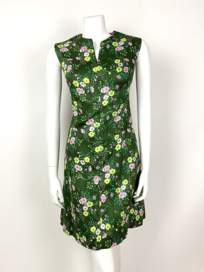 VINTAGE 60s 70s PINE GREEN PINK YELLOW PURPLE FLORAL DOTTY SLEEVELESS DRESS 12