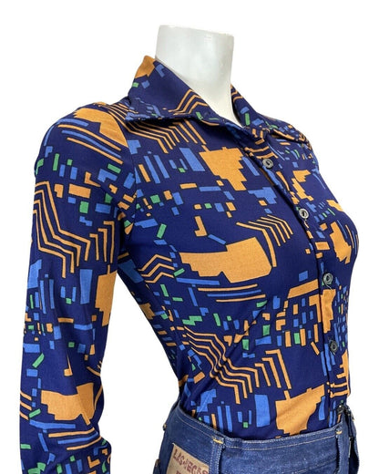 VINTAGE 60s 70s NAVY BLUE YELLOW GEOMETRIC MOD DAGGER COLLAR SHIRT 8