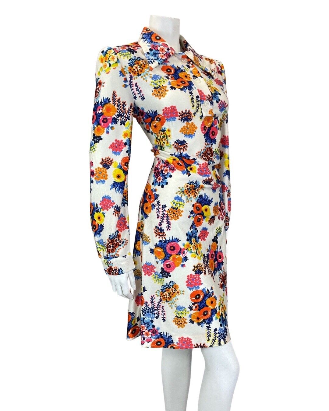 VINTAGE 60s 70s WHITE BLUE PINK FLORAL BOUQUET MOD DAGGER SHIRT DRESS 12 14