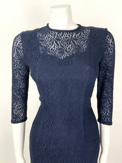 VINTAGE 60s 70s NAVY BLUE FLORAL LACE MOD PENCIL DRESS 12 14