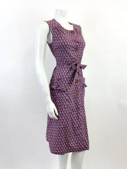 VINTAGE 60s 70s PLUM PURPLE WHITE FLORAL BOHO PRAIRIE SLEEVELESS DRESS 8 10