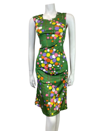 VINTAGE 60s 70s GREEN YELLOW PURPLE GEOMETRIC SLEEVELESS SUMMER DRESS 10
