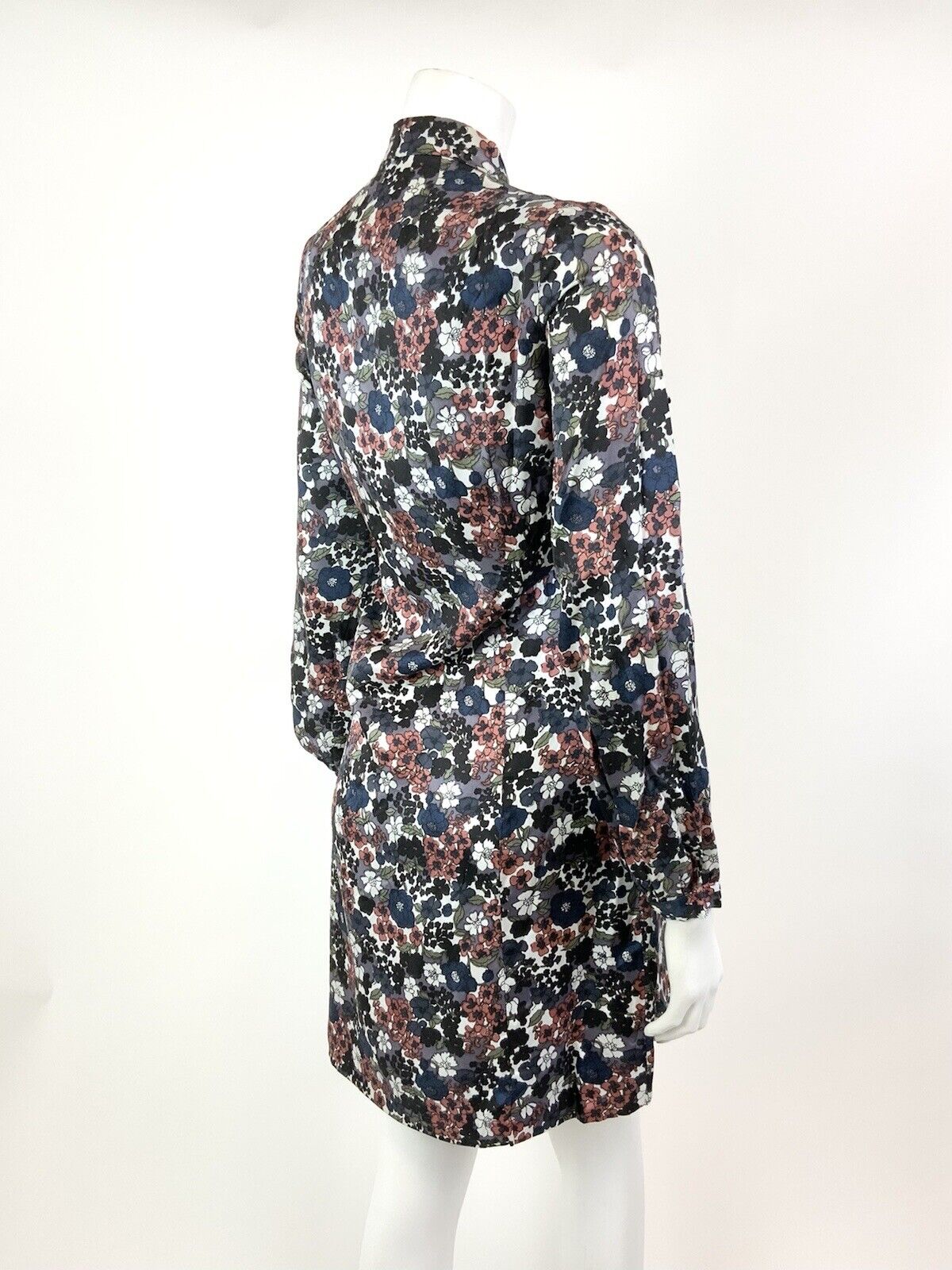 VINTAGE 60s 70s WHITE BLUE BLACK PINK FLORAL DITSY PUSSYBOW SHIFT DRESS 12 14