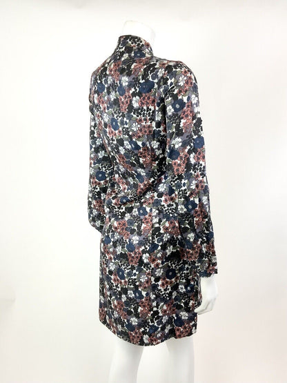 VINTAGE 60s 70s WHITE BLUE BLACK PINK FLORAL DITSY PUSSYBOW SHIFT DRESS 12 14