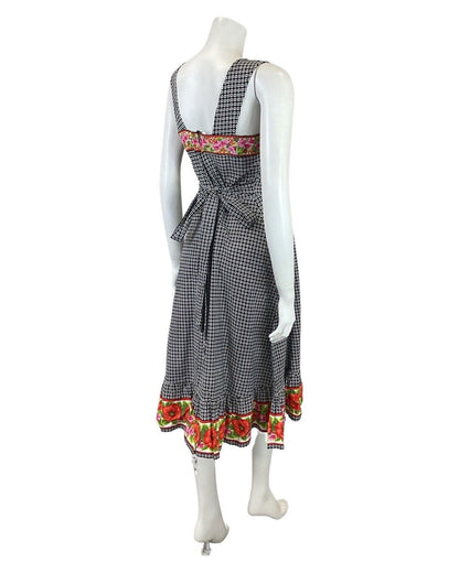 VINTAGE 70s BLACK WHITE RED GEOMETRIC FLORAL SLEEVELESS APRON SUMMER DRESS 8